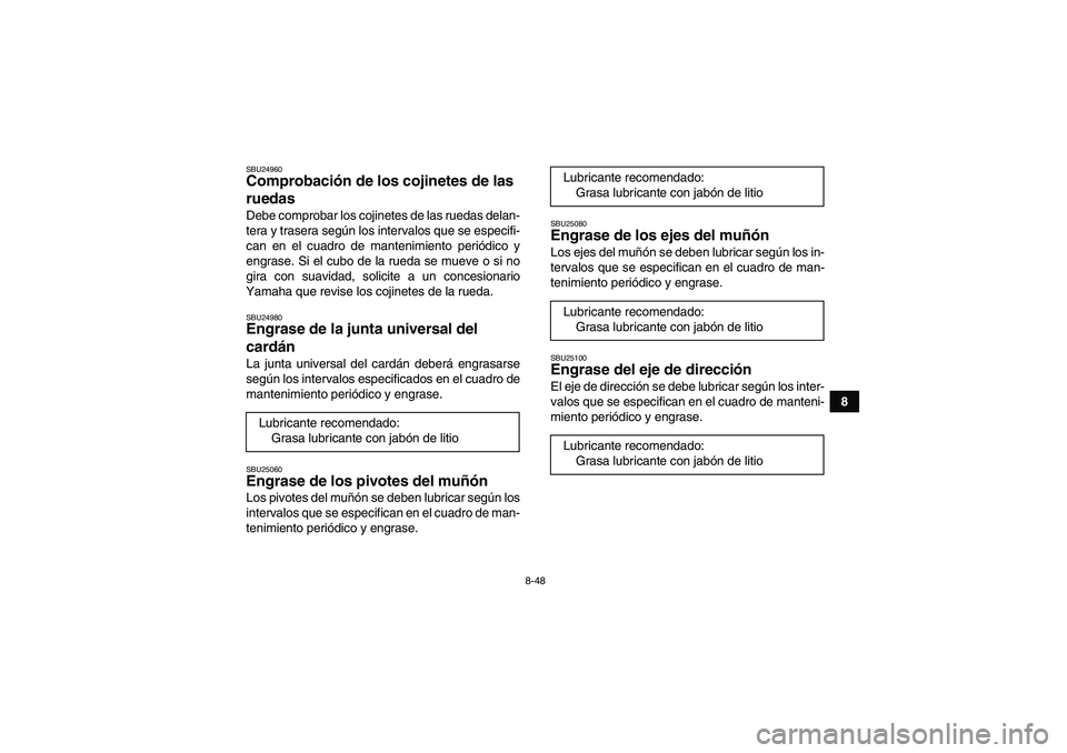 YAMAHA WOLVERINE 450 2006  Manuale de Empleo (in Spanish) 8-48
8
SBU24960Comprobación de los cojinetes de las 
ruedas Debe comprobar los cojinetes de las ruedas delan-
tera y trasera según los intervalos que se especifi-
can en el cuadro de mantenimiento p
