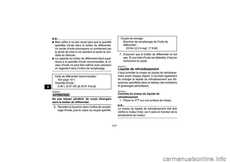 YAMAHA WOLVERINE 450 2006  Notices Demploi (in French) 8-27
8
N.B.:Bien veiller à ne pas verser plus que la quantité
spécifiée d’huile dans le boîtier du différentiel.
Un excès d’huile provoquera un suintement par
la durite de mise à l’air 