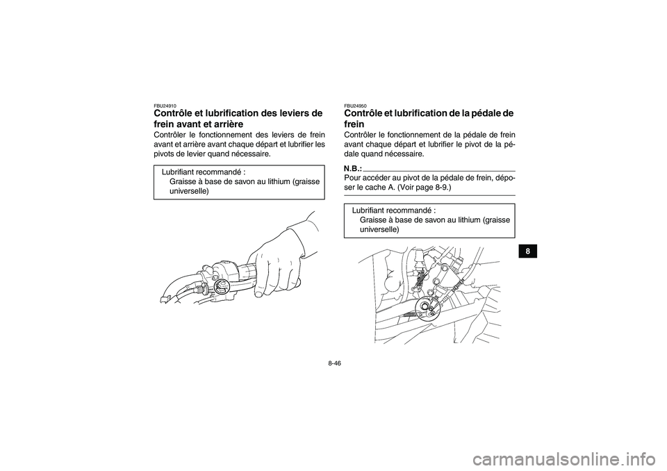 YAMAHA WOLVERINE 450 2006  Notices Demploi (in French) 8-46
8
FBU24910Contrôle et lubrification des leviers de 
frein avant et arrière Contrôler le fonctionnement des leviers de frein
avant et arrière avant chaque départ et lubrifier les
pivots de le