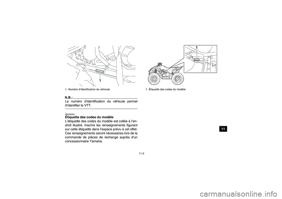 YAMAHA WOLVERINE 450 2006  Notices Demploi (in French) 11-2
11
N.B.:Le numéro d’identification du véhicule permetd’identifier le VTT.FBU26050Étiquette des codes du modèle 
L’étiquette des codes du modèle est collée à l’en-
droit illustré.