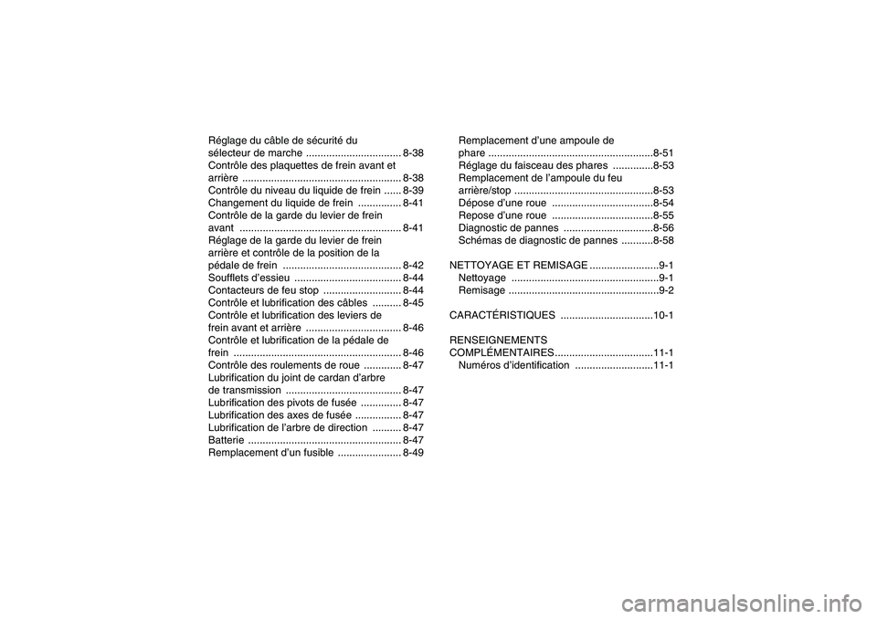 YAMAHA WOLVERINE 450 2006  Notices Demploi (in French) Réglage du câble de sécurité du 
sélecteur de marche ................................. 8-38
Contrôle des plaquettes de frein avant et 
arrière ..................................................