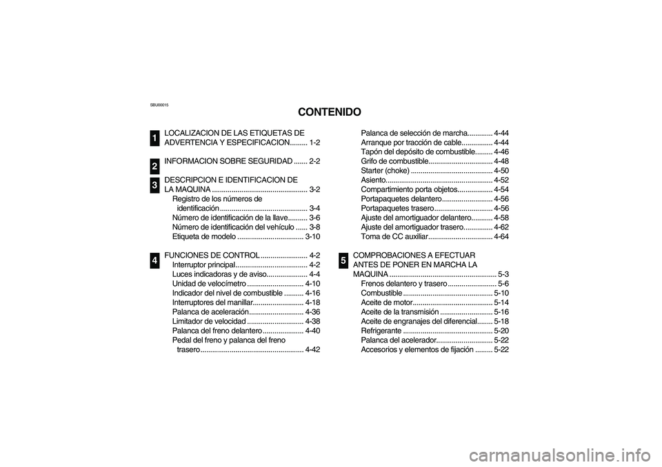 YAMAHA WOLVERINE 450 2004  Notices Demploi (in French) SBU00015
CONTENIDO
LOCALIZACION DE LAS ETIQUETAS DE 
ADVERTENCIA Y ESPECIFICACION......... 1-2
INFORMACION SOBRE SEGURIDAD ....... 2-2
DESCRIPCION E IDENTIFICACION DE 
LA MAQUINA .....................