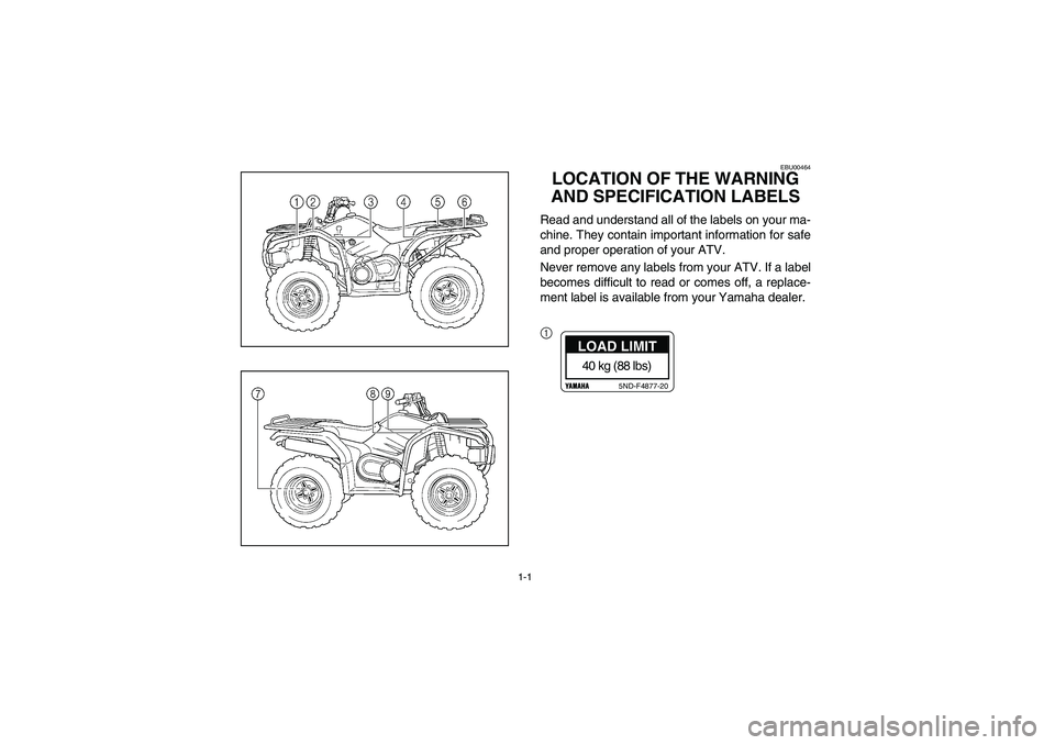 YAMAHA WOLVERINE 450 2004 Manuale de Empleo (in Spanish) 1-1
EBU00464
LOCATION OF THE WARNING
AND SPECIFICATION LABELSRead and understand all of the labels on your ma-
chine. They contain important information for safe
and proper operation of your ATV.
Nev YAMAHA WOLVERINE 450 2004 Manuale de Empleo (in Spanish) 1-1
EBU00464
LOCATION OF THE WARNING
AND SPECIFICATION LABELSRead and understand all of the labels on your ma-
chine. They contain important information for safe
and proper operation of your ATV.
Nev