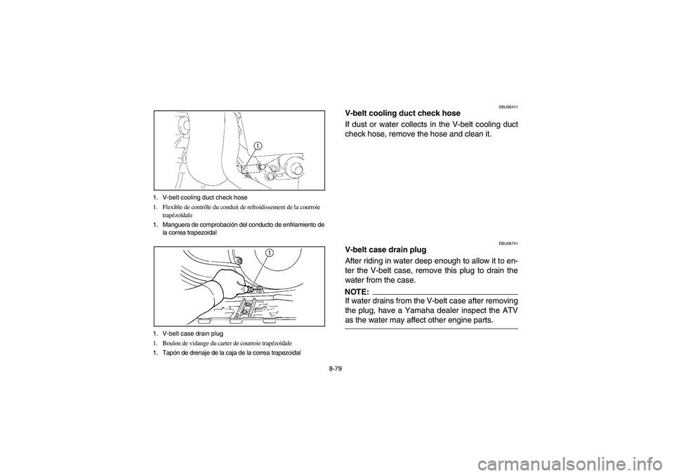 YAMAHA WOLVERINE 450 2004 User Guide 8-79 1. V-belt cooling duct check hose
1. Flexible de contrôle du conduit de refroidissement de la courroie
trapézoïdale
1. Manguera de comprobación del conducto de enfriamiento de
la correa tr YAMAHA WOLVERINE 450 2004 User Guide 8-79 1. V-belt cooling duct check hose
1. Flexible de contrôle du conduit de refroidissement de la courroie
trapézoïdale
1. Manguera de comprobación del conducto de enfriamiento de
la correa tr