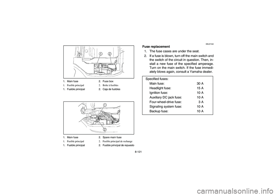 YAMAHA WOLVERINE 450 2004 Owners Manual 8-121 1. Main fuse 2. Fuse box
1. Fusible principal 2. Boîte à fusibles
1. Fusible principal 2. Caja de fusibles
1. Main fuse 2. Spare main fuse
1. Fusible principal 2. Fusible principal de rechange YAMAHA WOLVERINE 450 2004 Owners Manual 8-121 1. Main fuse 2. Fuse box
1. Fusible principal 2. Boîte à fusibles
1. Fusible principal 2. Caja de fusibles
1. Main fuse 2. Spare main fuse
1. Fusible principal 2. Fusible principal de rechange