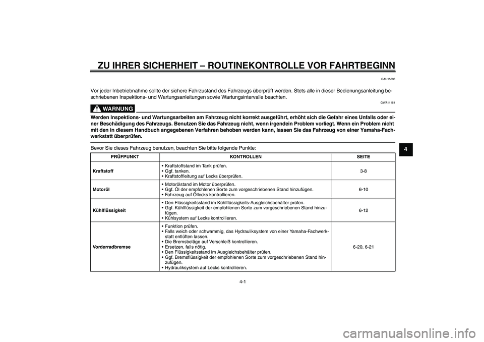 YAMAHA WR 125X 2013  Betriebsanleitungen (in German) ZU IHRER SICHERHEIT – ROUTINEKONTROLLE VOR FAHRTBEGINN
4-1
4
GAU15596
Vor jeder Inbetriebnahme sollte der sichere Fahrzustand des Fahrzeugs überprüft werden. Stets alle in dieser Bedienungsanleitu