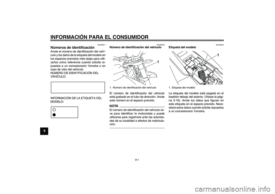 YAMAHA WR 125R 2011 Manuale de Empleo (in Spanish) INFORMACIÓN PARA EL CONSUMIDOR
9-1
9
SAU48611
Números de identificación Anote el número de identificación del vehí-
culo y los datos de la etiqueta del modelo en
los espacios previstos más abaj YAMAHA WR 125R 2011 Manuale de Empleo (in Spanish) INFORMACIÓN PARA EL CONSUMIDOR
9-1
9
SAU48611
Números de identificación Anote el número de identificación del vehí-
culo y los datos de la etiqueta del modelo en
los espacios previstos más abaj