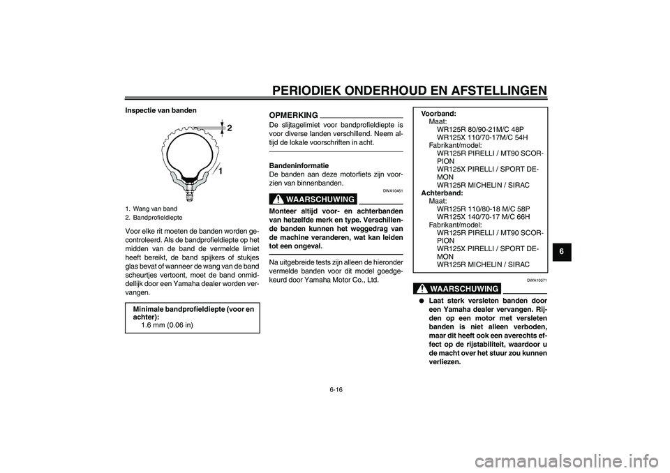 YAMAHA WR 125R 2011  Instructieboekje (in Dutch) PERIODIEK ONDERHOUD EN AFSTELLINGEN
6-16
6
Inspectie van banden
Voor elke rit moeten de banden worden ge-
controleerd. Als de bandprofieldiepte op het
midden van de band de vermelde limiet
heeft berei
