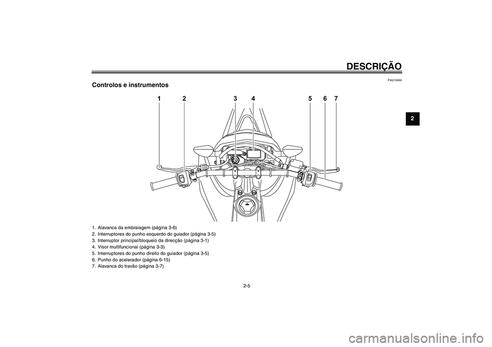 YAMAHA WR 125R 2011  Manual de utilização (in Portuguese) DESCRIÇÃO
2-5
2
PAU10430
Controlos e instrumentos
12 34 567
1. Alavanca da embraiagem (página 3-6)
2. Interruptores do punho esquerdo do guiador (página 3-5)
3. Interruptor principal/bloqueio da d