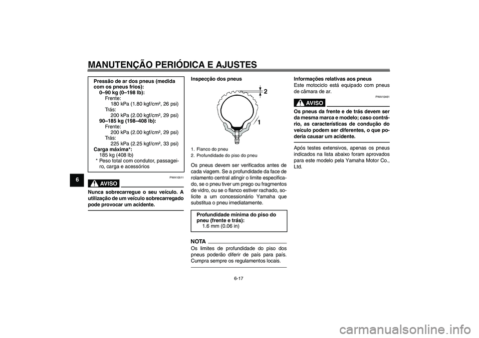 YAMAHA WR 125R 2011  Manual de utilização (in Portuguese) MANUTENÇÃO PERIÓDICA E AJUSTES
6-17
6
AV I S O
PWA10511
Nunca sobrecarregue o seu veículo. A
utilização de um veículo sobrecarregado
pode provocar um acidente.
Inspecção dos pneus
Os pneus de