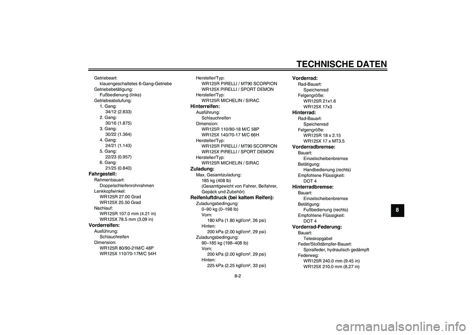 YAMAHA WR 125R 2010  Betriebsanleitungen (in German) TECHNISCHE DATEN
8-2
8
Getriebeart:
klauengeschaltetes 6-Gang-Getriebe
Getriebebetätigung:
Fußbedienung (links)
Getriebeabstufung:
1. Gang:
34/12 (2.833)
2. Gang:
30/16 (1.875)
3. Gang:
30/22 (1.364