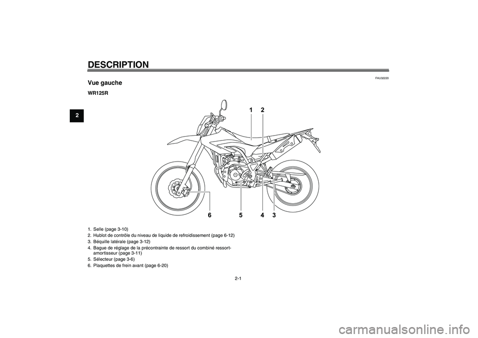 YAMAHA WR 125R 2010  Notices Demploi (in French) DESCRIPTION
2-1
2
FAU32220
Vue gaucheWR125R1. Selle (page 3-10)
2. Hublot de contrôle du niveau de liquide de refroidissement (page 6-12)
3. Béquille latérale (page 3-12)
4. Bague de réglage de la