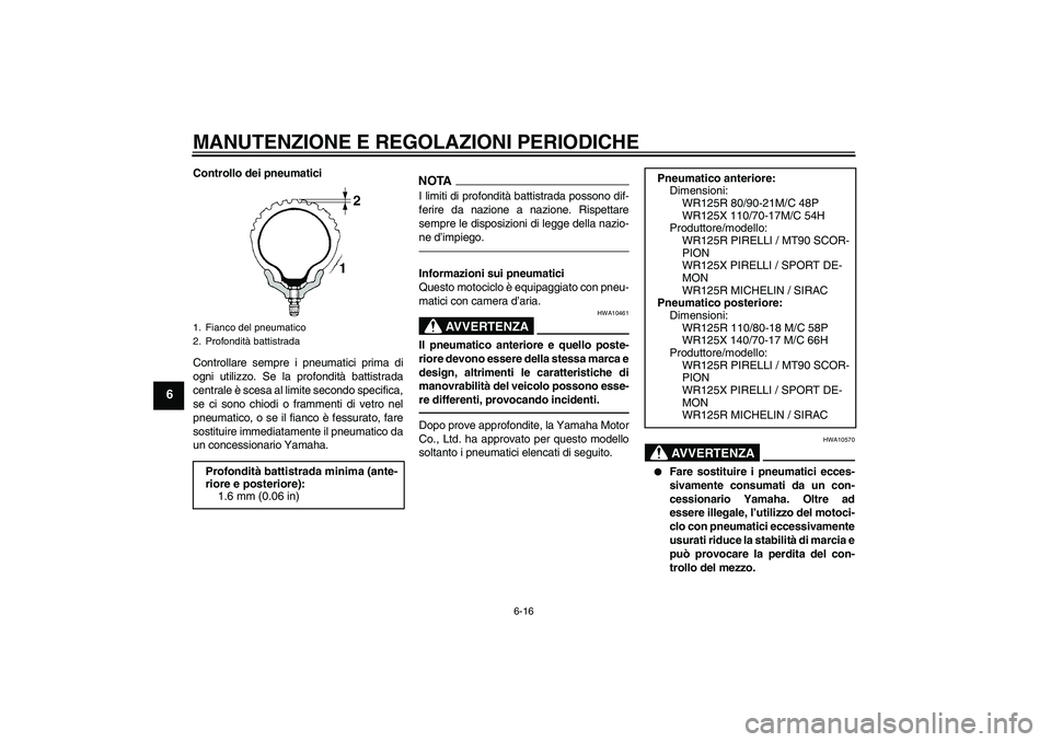 YAMAHA WR 125R 2010  Manuale duso (in Italian) MANUTENZIONE E REGOLAZIONI PERIODICHE
6-16
6
Controllo dei pneumatici
Controllare sempre i pneumatici prima di
ogni utilizzo. Se la profondità battistrada
centrale è scesa al limite secondo specific