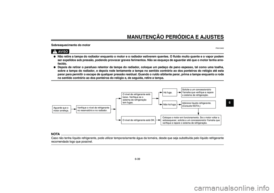 YAMAHA WR 125R 2010  Manual de utilização (in Portuguese) MANUTENÇÃO PERIÓDICA E AJUSTES
6-39
6
Sobreaquecimento do motor
AV I S O
PWA10400

Não retire a tampa do radiador enquanto o motor e o radiador estiverem quentes. O fluido muito quente e o vapor 