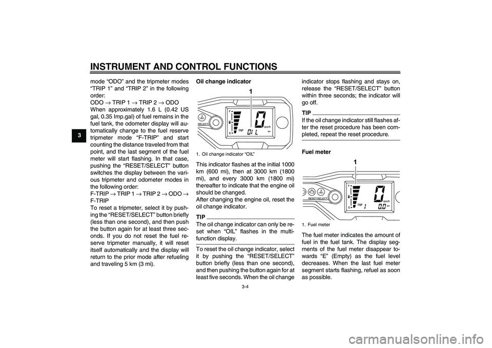 YAMAHA WR 125R 2009 User Guide INSTRUMENT AND CONTROL FUNCTIONS
3-4
3mode “ODO” and the tripmeter modes
“TRIP 1” and “TRIP 2” in the following
order:
ODO → TRIP 1 → TRIP 2 → ODO
When approximately 1.6 L (0.42 US
g