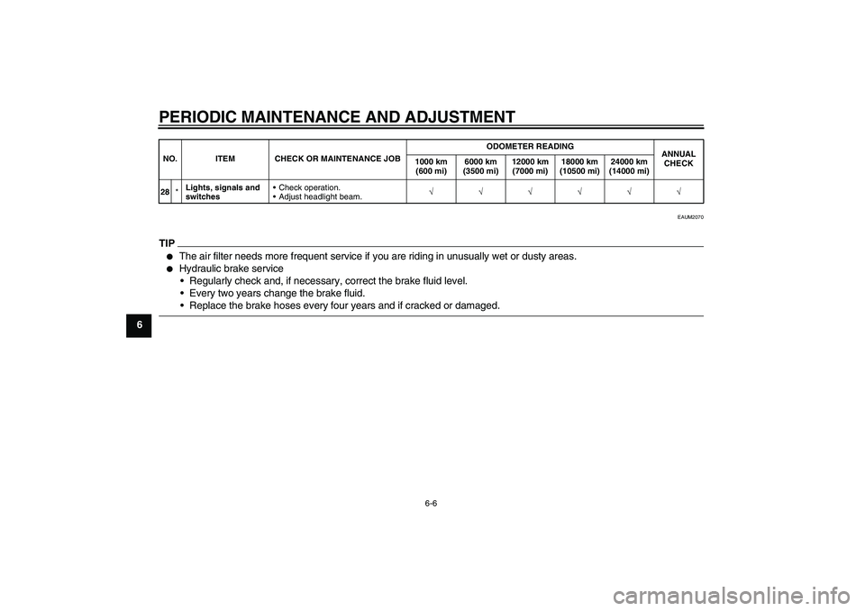 YAMAHA WR 125R 2009 Service Manual PERIODIC MAINTENANCE AND ADJUSTMENT
6-6
6
EAUM2070
TIP
The air filter needs more frequent service if you are riding in unusually wet or dusty areas.

Hydraulic brake service
Regularly check and, if