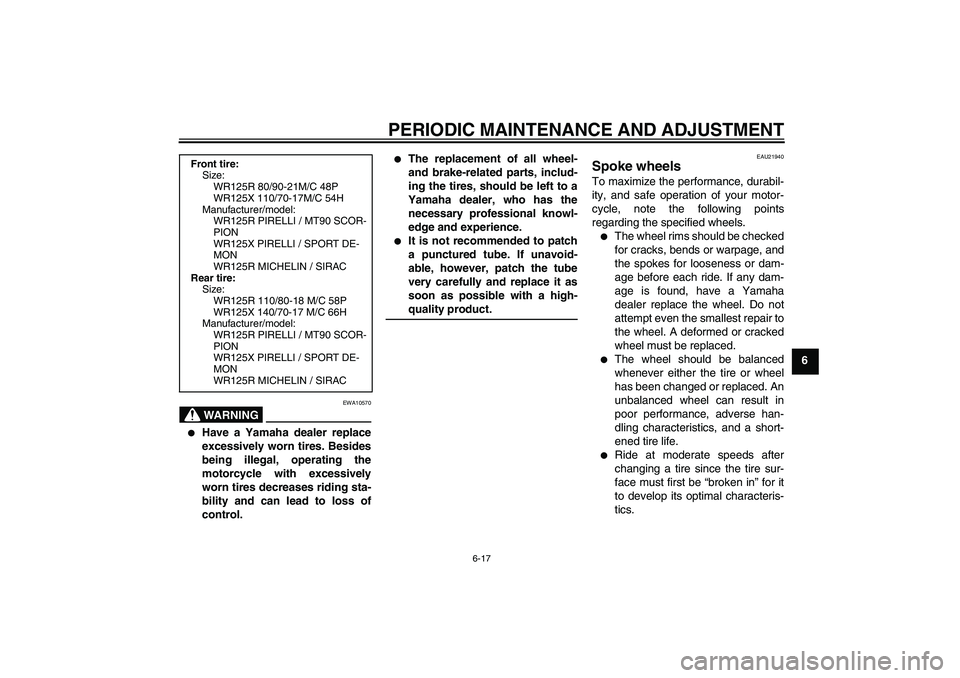 YAMAHA WR 125R 2009 Workshop Manual PERIODIC MAINTENANCE AND ADJUSTMENT
6-17
6
WARNING
EWA10570

Have a Yamaha dealer replace
excessively worn tires. Besides
being illegal, operating the
motorcycle with excessively
worn tires decreases