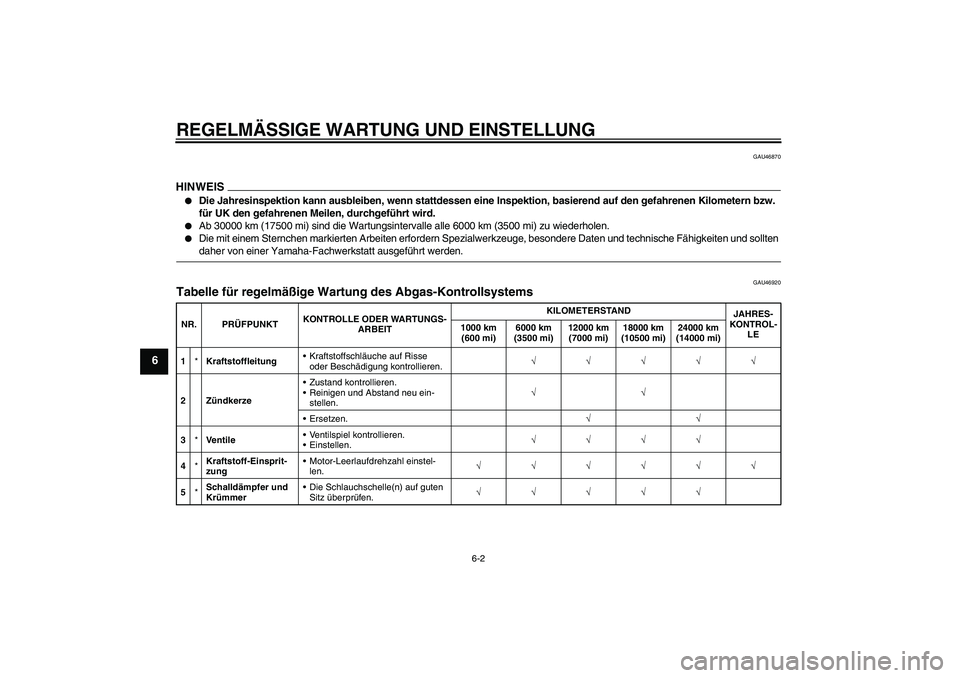YAMAHA WR 125R 2009  Betriebsanleitungen (in German) REGELMÄSSIGE WARTUNG UND EINSTELLUNG
6-2
6
GAU46870
HINWEIS
Die Jahresinspektion kann ausbleiben, wenn stattdessen eine Inspektion, basierend auf den gefahrenen Kilometern bzw. 
für UK den gefahren