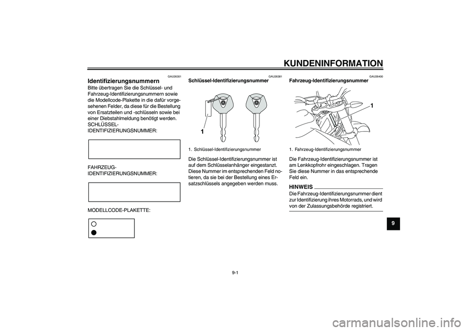 YAMAHA WR 125R 2009 Betriebsanleitungen (in German) KUNDENINFORMATION
9-1
9
GAU26351
Identifizierungsnummern Bitte übertragen Sie die Schlüssel- und
Fahrzeug-Identifizierungsnummern sowie
die Modellcode-Plakette in die dafür vorge-
sehenen Felder, YAMAHA WR 125R 2009 Betriebsanleitungen (in German) KUNDENINFORMATION
9-1
9
GAU26351
Identifizierungsnummern Bitte übertragen Sie die Schlüssel- und
Fahrzeug-Identifizierungsnummern sowie
die Modellcode-Plakette in die dafür vorge-
sehenen Felder,