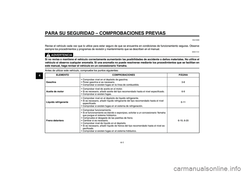 YAMAHA WR 125R 2009 Manuale de Empleo (in Spanish) PARA SU SEGURIDAD – COMPROBACIONES PREVIAS
4-1
4
SAU15596
Revise el vehículo cada vez que lo utilice para estar seguro de que se encuentra en condiciones de funcionamiento seguras. Observe
siempre YAMAHA WR 125R 2009 Manuale de Empleo (in Spanish) PARA SU SEGURIDAD – COMPROBACIONES PREVIAS
4-1
4
SAU15596
Revise el vehículo cada vez que lo utilice para estar seguro de que se encuentra en condiciones de funcionamiento seguras. Observe
siempre