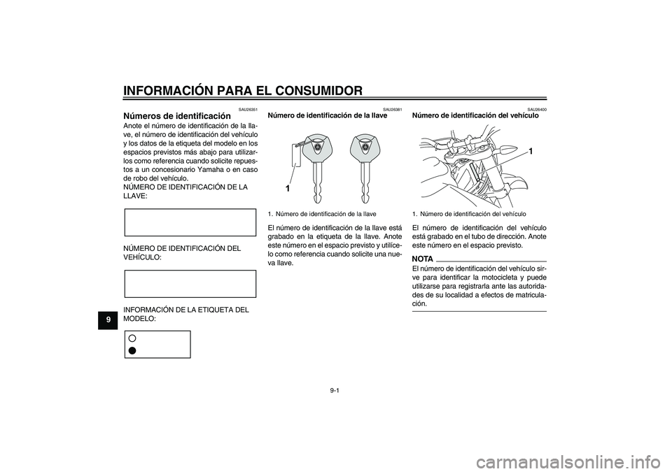 YAMAHA WR 125R 2009 Manuale de Empleo (in Spanish) INFORMACIÓN PARA EL CONSUMIDOR
9-1
9
SAU26351
Números de identificación Anote el número de identificación de la lla-
ve, el número de identificación del vehículo
y los datos de la etiqueta del YAMAHA WR 125R 2009 Manuale de Empleo (in Spanish) INFORMACIÓN PARA EL CONSUMIDOR
9-1
9
SAU26351
Números de identificación Anote el número de identificación de la lla-
ve, el número de identificación del vehículo
y los datos de la etiqueta del