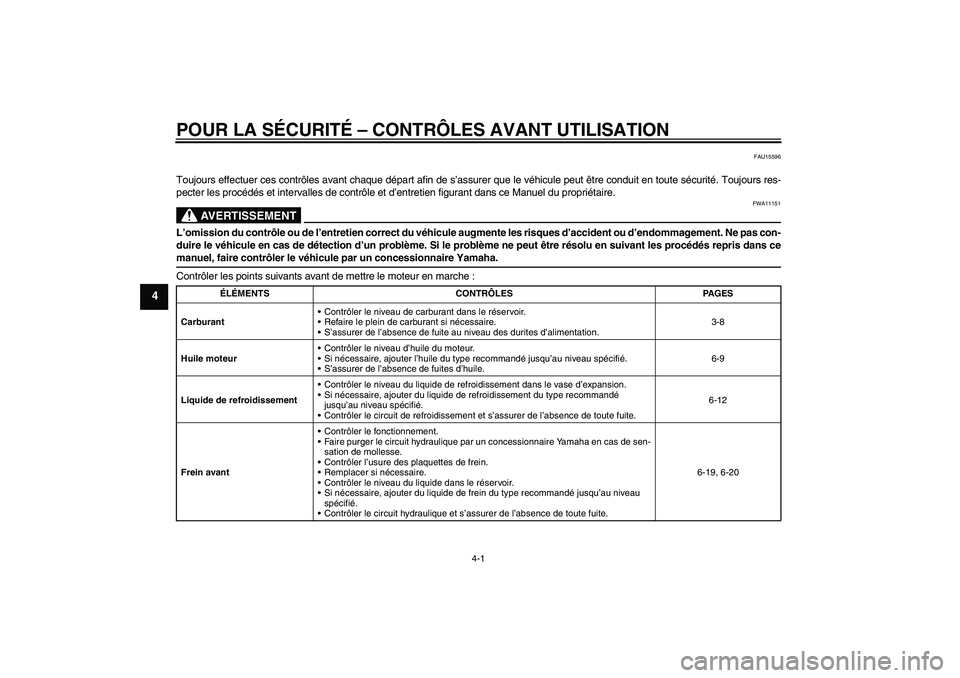 YAMAHA WR 125R 2009  Notices Demploi (in French) POUR LA SÉCURITÉ – CONTRÔLES AVANT UTILISATION
4-1
4
FAU15596
Toujours effectuer ces contrôles avant chaque départ afin de s’assurer que le véhicule peut être conduit en toute sécurité. T