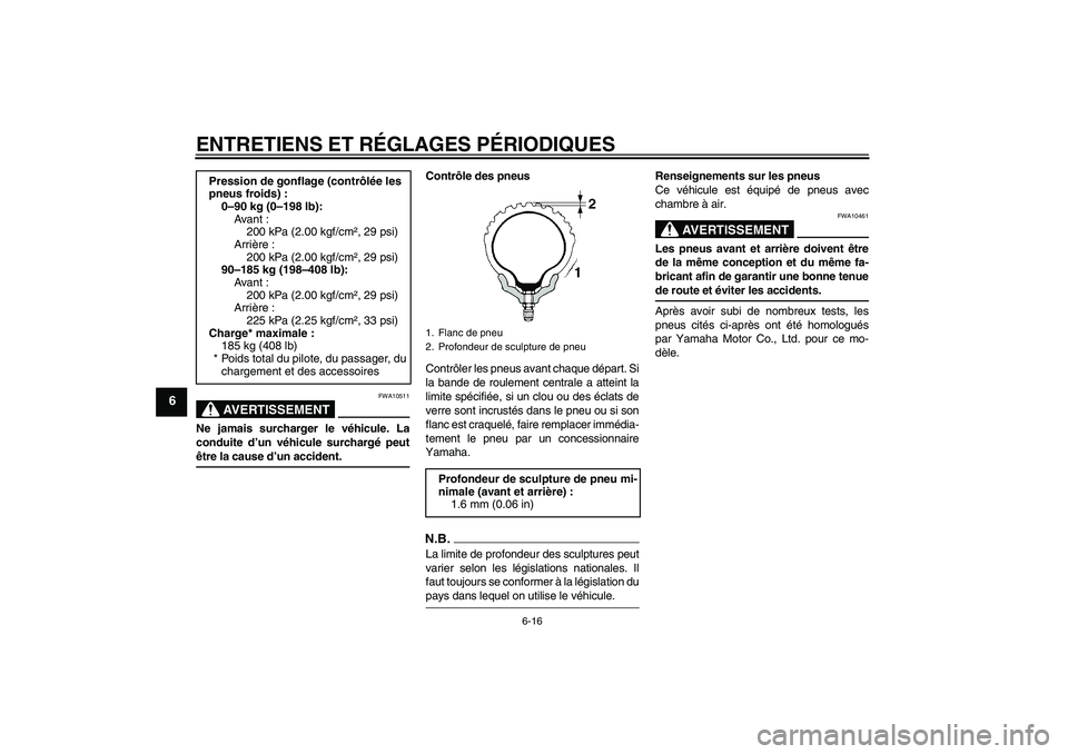 YAMAHA WR 125R 2009  Notices Demploi (in French) ENTRETIENS ET RÉGLAGES PÉRIODIQUES
6-16
6
AVERTISSEMENT
FWA10511
Ne jamais surcharger le véhicule. La
conduite d’un véhicule surchargé peutêtre la cause d’un accident.Contrôle des pneus
Con