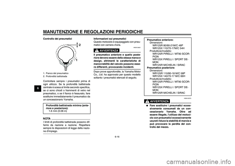 YAMAHA WR 125R 2009  Manuale duso (in Italian) MANUTENZIONE E REGOLAZIONI PERIODICHE
6-16
6
Controllo dei pneumatici
Controllare sempre i pneumatici prima di
ogni utilizzo. Se la profondità battistrada
centrale è scesa al limite secondo specific