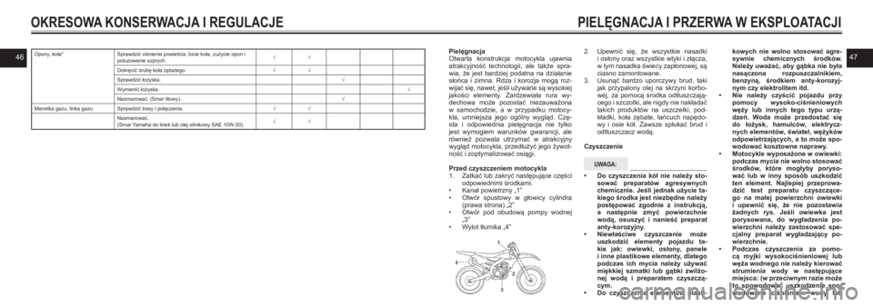 YAMAHA WR 250F 2021 Instrukcja obsługi (in Polish) 4647Opony, koła*Sprawdzić ciśnienie powietrza, bicie koła, zużycie opon i poluzowanie szprych.√√
Dokręcić śrubę koła zębatego.√√
Sprawdzić łożyska.√
Wymienić łożyska.√
Nas YAMAHA WR 250F 2021 Instrukcja obsługi (in Polish) 4647Opony, koła*Sprawdzić ciśnienie powietrza, bicie koła, zużycie opon i poluzowanie szprych.√√
Dokręcić śrubę koła zębatego.√√
Sprawdzić łożyska.√
Wymienić łożyska.√
Nas