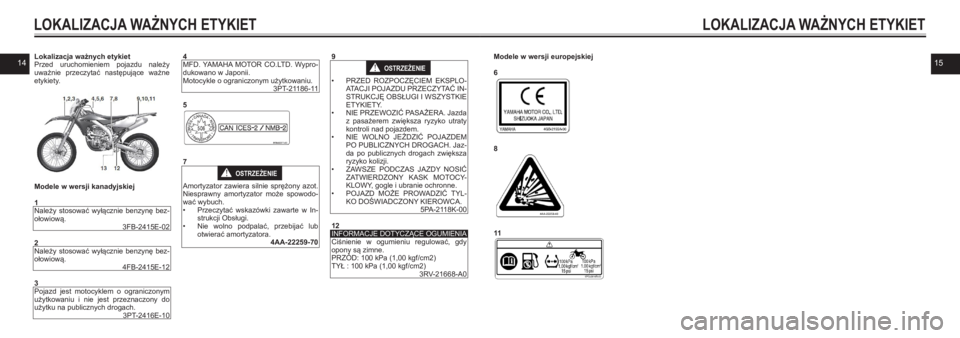 YAMAHA WR 250F 2021  Instrukcja obsługi (in Polish) 1415Lokalizacja ważnych etykietPrzed  uruchomieniem  pojazdu  należy uważnie  przeczytać  następujące  ważne etykiety.
Modele w wersji kanadyjskiej
1Należy  stosować  wyłącznie  benzynę  b