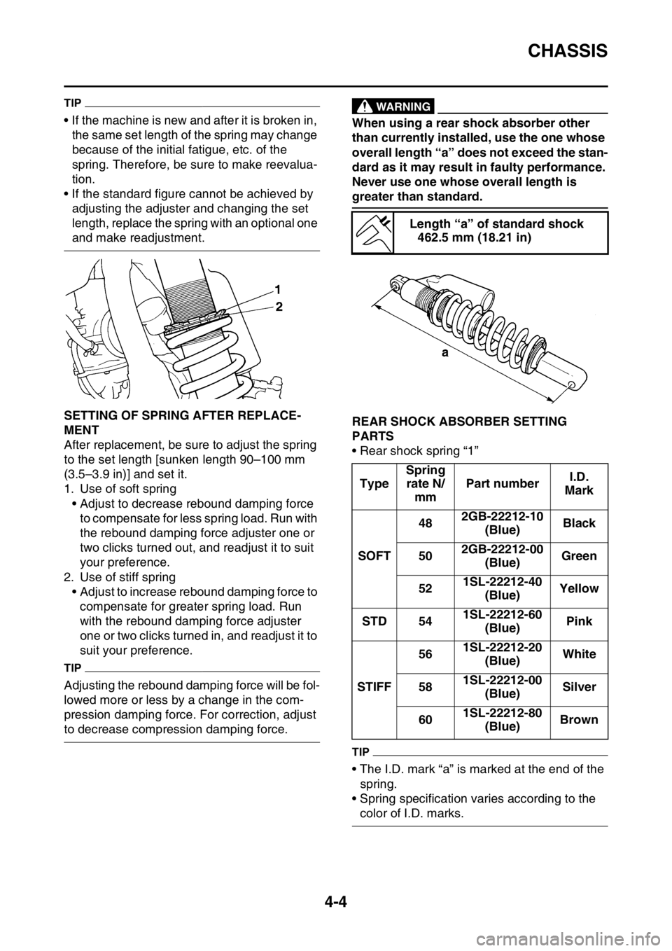 YAMAHA WR 250F 2017 Owners Manual CHASSIS
4-4
TIP
• If the machine is new and after it is broken in,
the same set length of the spring may change
because of the initial fatigue, etc. of the
spring. Therefore, be sure to make reev YAMAHA WR 250F 2017 Owners Manual CHASSIS
4-4
TIP
• If the machine is new and after it is broken in,
the same set length of the spring may change
because of the initial fatigue, etc. of the
spring. Therefore, be sure to make reev