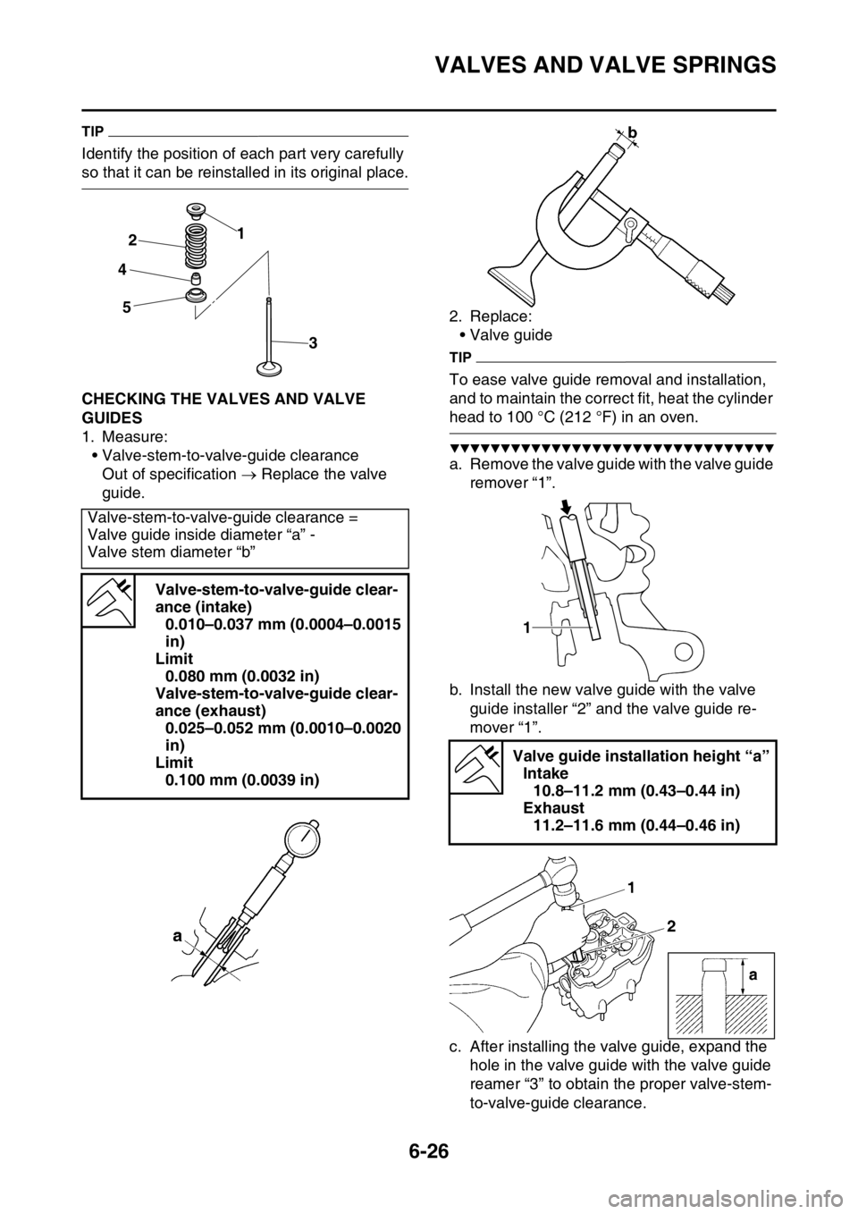 YAMAHA WR 250F 2017 Owners Manual VALVES AND VALVE SPRINGS
6-26
TIP
Identify the position of each part very carefully
so that it can be reinstalled in its original place.
EAS2GBB251CHECKING THE VALVES AND VALVE
GUIDES
1. Measure:
YAMAHA WR 250F 2017 Owners Manual VALVES AND VALVE SPRINGS
6-26
TIP
Identify the position of each part very carefully
so that it can be reinstalled in its original place.
EAS2GBB251CHECKING THE VALVES AND VALVE
GUIDES
1. Measure: