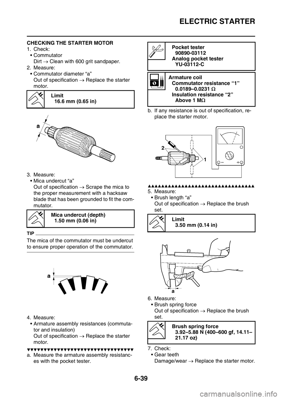 YAMAHA WR 250F 2017 Owners Manual ELECTRIC STARTER
6-39
EAS2GBB263CHECKING THE STARTER MOTOR
1. Check:
•Commutator
Dirt Clean with 600 grit sandpaper.
2. Measure:
• Commutator diameter “a”
Out of specification Replace YAMAHA WR 250F 2017 Owners Manual ELECTRIC STARTER
6-39
EAS2GBB263CHECKING THE STARTER MOTOR
1. Check:
•Commutator
Dirt Clean with 600 grit sandpaper.
2. Measure:
• Commutator diameter “a”
Out of specification Replace
