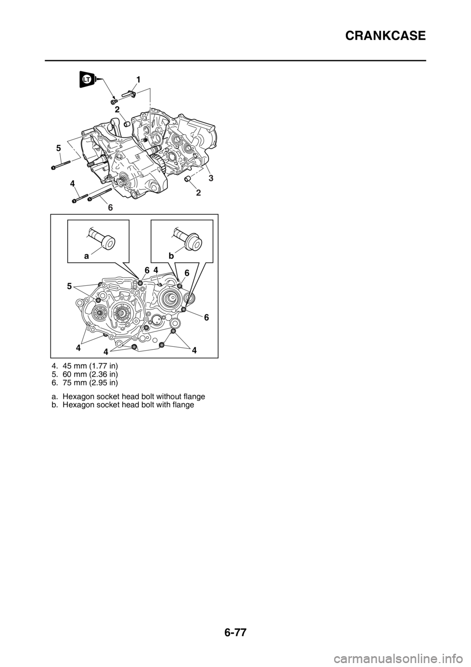 YAMAHA WR 250F 2017 Owners Manual CRANKCASE
6-77
4. 45 mm (1.77 in)
5. 60 mm (2.36 in)
6. 75 mm (2.95 in)
a. Hexagon socket head bolt without flange
b. Hexagon socket head bolt with flange
5
4
54
446 6 6
4
ab2
1LT
23
6 YAMAHA WR 250F 2017 Owners Manual CRANKCASE
6-77
4. 45 mm (1.77 in)
5. 60 mm (2.36 in)
6. 75 mm (2.95 in)
a. Hexagon socket head bolt without flange
b. Hexagon socket head bolt with flange
5
4
54
446 6 6
4
ab2
1LT
23
6