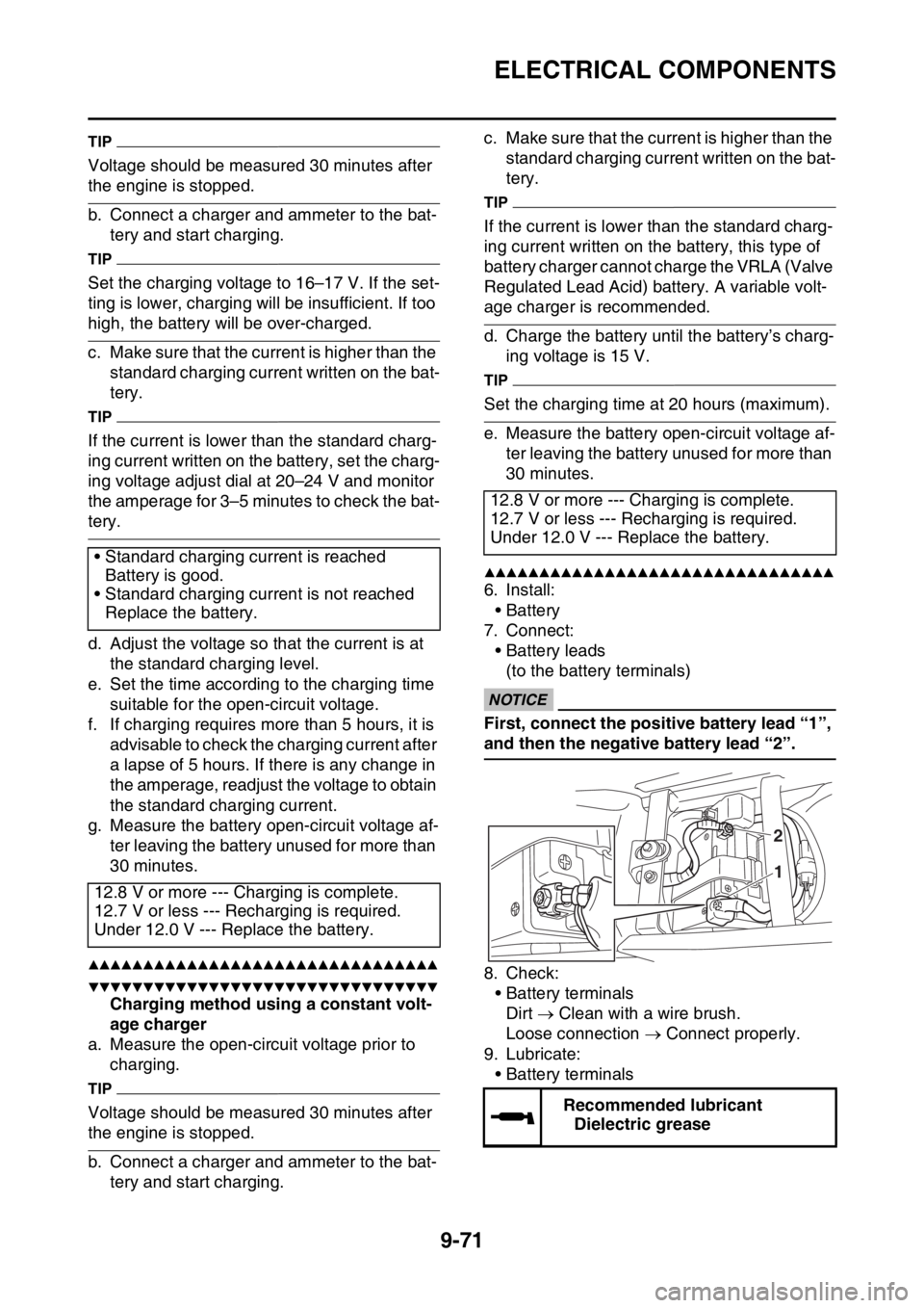 YAMAHA WR 250F 2017 Manual PDF ELECTRICAL COMPONENTS
9-71
TIP
Voltage should be measured 30 minutes after
the engine is stopped.
b. Connect a charger and ammeter to the bat-
tery and start charging.
TIP
Set the charging voltage to YAMAHA WR 250F 2017 Manual PDF ELECTRICAL COMPONENTS
9-71
TIP
Voltage should be measured 30 minutes after
the engine is stopped.
b. Connect a charger and ammeter to the bat-
tery and start charging.
TIP
Set the charging voltage to