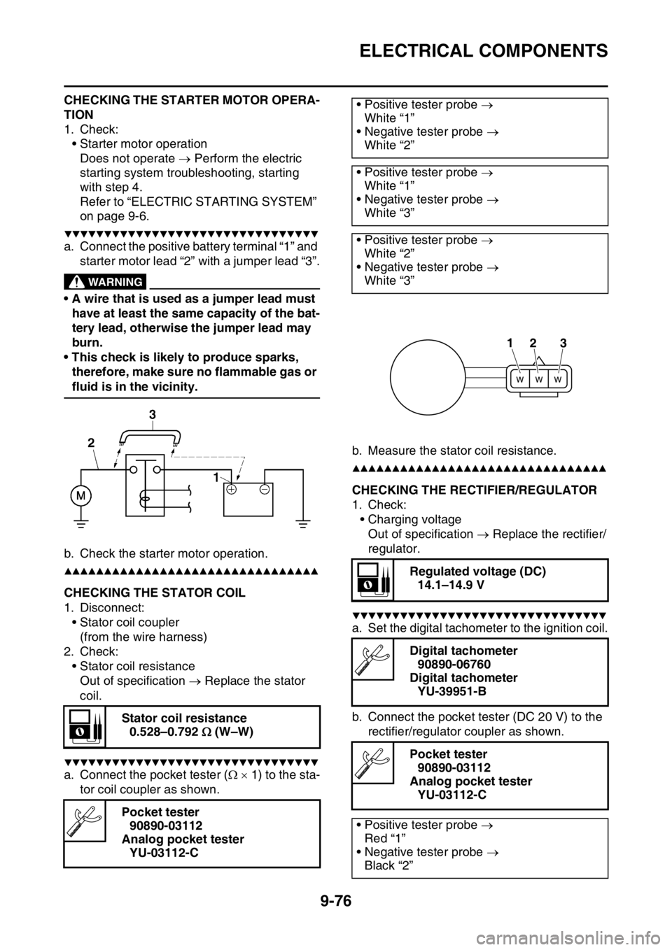 YAMAHA WR 250F 2017 Owners Manual ELECTRICAL COMPONENTS
9-76
CHECKING THE STARTER MOTOR OPERA-
TION
1. Check:
• Starter motor operation
Does not operate Perform the electric
starting system troubleshooting, starting
with step YAMAHA WR 250F 2017 Owners Manual ELECTRICAL COMPONENTS
9-76
CHECKING THE STARTER MOTOR OPERA-
TION
1. Check:
• Starter motor operation
Does not operate Perform the electric
starting system troubleshooting, starting
with step