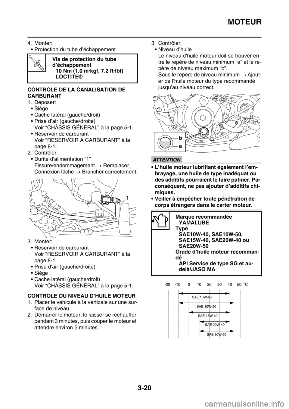 YAMAHA WR 250F 2017  Notices Demploi (in French) MOTEUR
3-20
4. Monter:
• Protection du tube d’échappement
FAS2GB2097CONTROLE DE LA CANALISATION DE 
CARBURANT
1. Déposer:
•Siège
• Cache latéral (gauche/droit)
• Prise d’air (gauche/dr