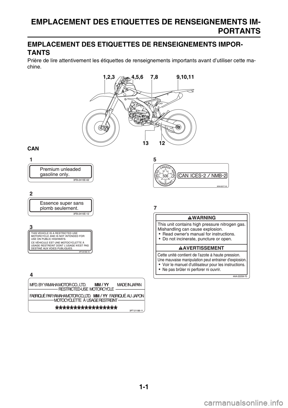 YAMAHA WR 250F 2017  Notices Demploi (in French) EMPLACEMENT DES ETIQUETTES DE RENSEIGNEMENTS IM-
PORTANTS
1-1
FAS2GB2008
EMPLACEMENT DES ETIQUETTES DE RENSEIGNEMENTS IMPOR-
TANTS
Prière de lire attentivement les étiquettes de renseignements impor