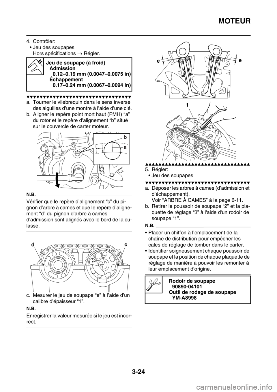 YAMAHA WR 250F 2017 Notices Demploi (in French) MOTEUR
3-24
4. Contrôler:
• Jeu des soupapes
Hors spécifications Régler.
▼▼▼▼▼▼▼▼▼▼▼▼▼▼▼▼▼▼▼▼▼▼▼▼▼▼▼▼▼▼▼▼
a. Tourner le vilebre YAMAHA WR 250F 2017 Notices Demploi (in French) MOTEUR
3-24
4. Contrôler:
• Jeu des soupapes
Hors spécifications Régler.
▼▼▼▼▼▼▼▼▼▼▼▼▼▼▼▼▼▼▼▼▼▼▼▼▼▼▼▼▼▼▼▼
a. Tourner le vilebre