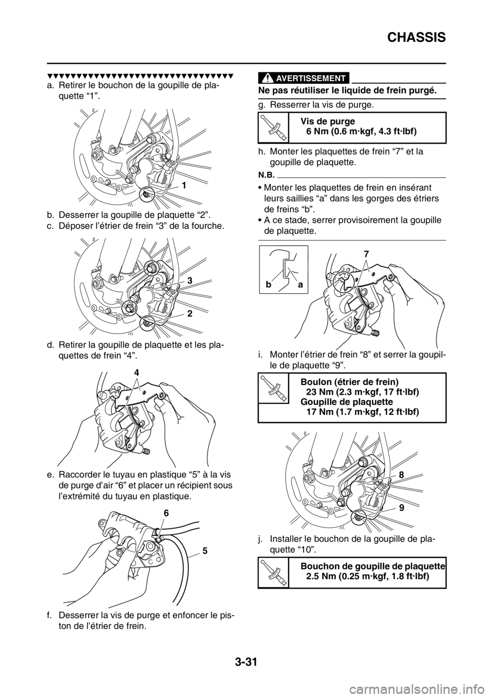 YAMAHA WR 250F 2017 Notices Demploi (in French) CHASSIS
3-31
▼▼▼▼▼▼▼▼▼▼▼▼▼▼▼▼▼▼▼▼▼▼▼▼▼▼▼▼▼▼▼▼
a. Retirer le bouchon de la goupille de pla-
quette “1”.
b. Desserrer la goupille de p YAMAHA WR 250F 2017 Notices Demploi (in French) CHASSIS
3-31
▼▼▼▼▼▼▼▼▼▼▼▼▼▼▼▼▼▼▼▼▼▼▼▼▼▼▼▼▼▼▼▼
a. Retirer le bouchon de la goupille de pla-
quette “1”.
b. Desserrer la goupille de p