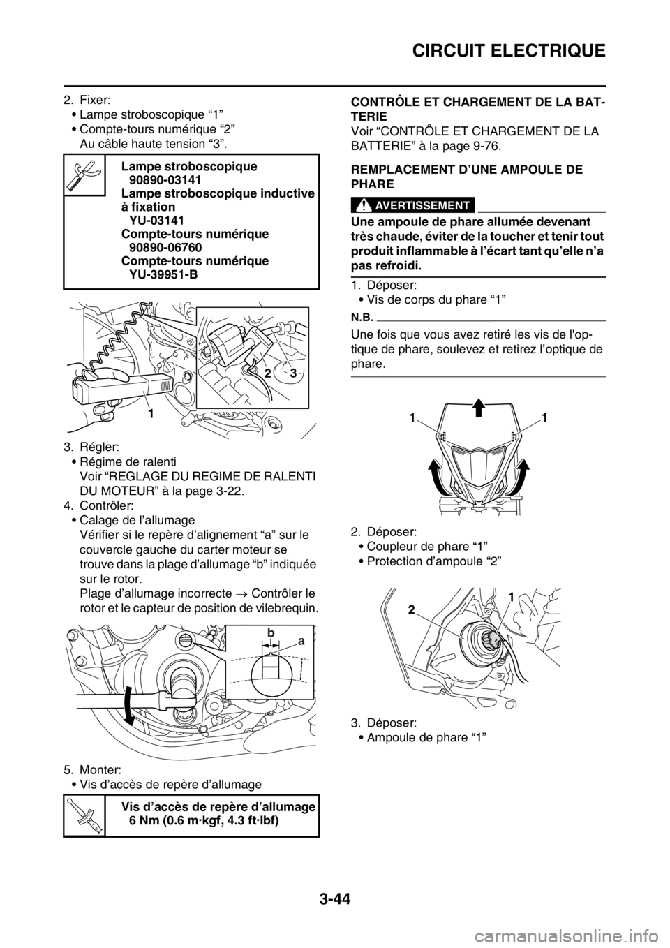 YAMAHA WR 250F 2017  Notices Demploi (in French) CIRCUIT ELECTRIQUE
3-44
2. Fixer:
• Lampe stroboscopique “1”
• Compte-tours numérique “2”
Au câble haute tension “3”.
3. Régler:
• Régime de ralenti
Voir “REGLAGE DU REGIME DE 