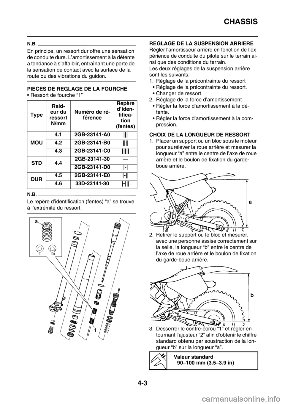 YAMAHA WR 250F 2017  Notices Demploi (in French) CHASSIS
4-3
N.B.
En principe, un ressort dur offre une sensation 
de conduite dure. L’amortissement à la détente 
a tendance à s’affaiblir, entraînant une perte de 
la sensation de contact ave