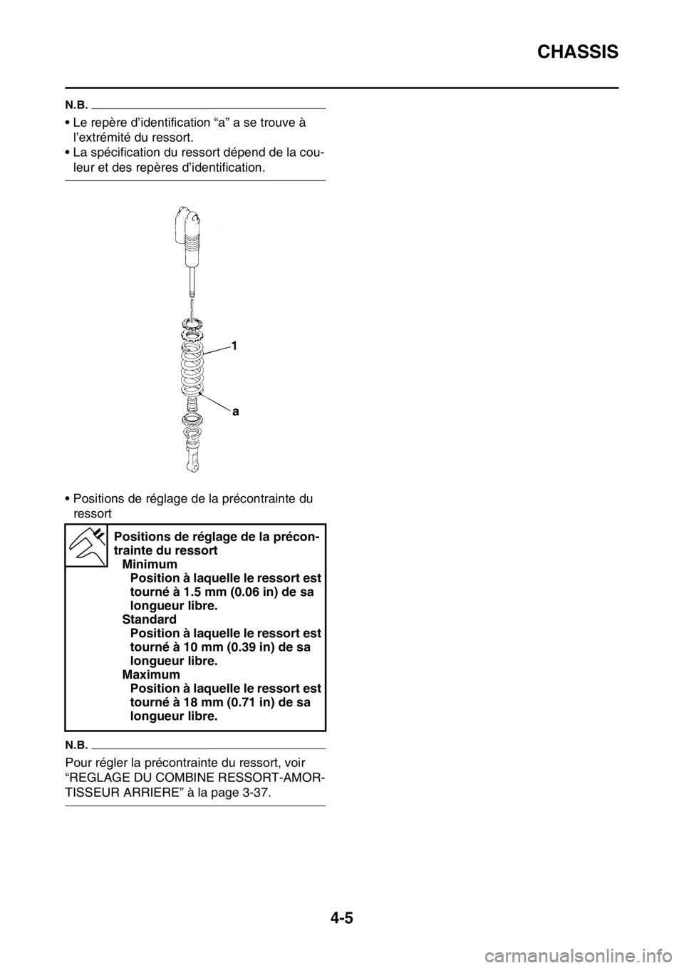 YAMAHA WR 250F 2017 Notices Demploi (in French) CHASSIS
4-5
N.B.
• Le repère d’identification “a” a se trouve à
l’extrémité du ressort.
• La spécification du ressort dépend de la cou-
leur et des repères d’identification.
• YAMAHA WR 250F 2017 Notices Demploi (in French) CHASSIS
4-5
N.B.
• Le repère d’identification “a” a se trouve à
l’extrémité du ressort.
• La spécification du ressort dépend de la cou-
leur et des repères d’identification.
•