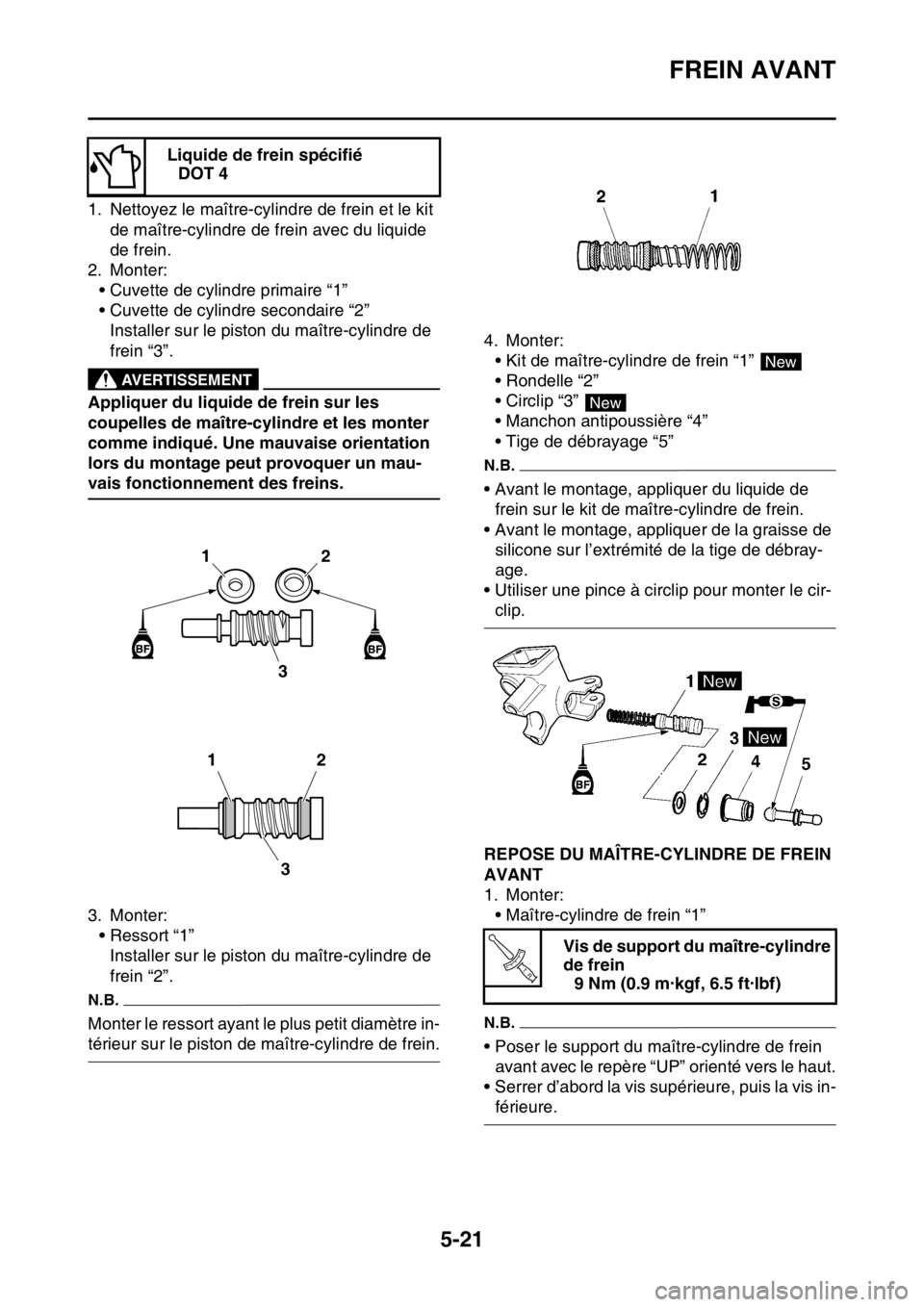 YAMAHA WR 250F 2017  Notices Demploi (in French) FREIN AVANT
5-21
1. Nettoyez le maître-cylindre de frein et le kit 
de maître-cylindre de frein avec du liquide 
de frein.
2. Monter:
• Cuvette de cylindre primaire “1”
• Cuvette de cylindre