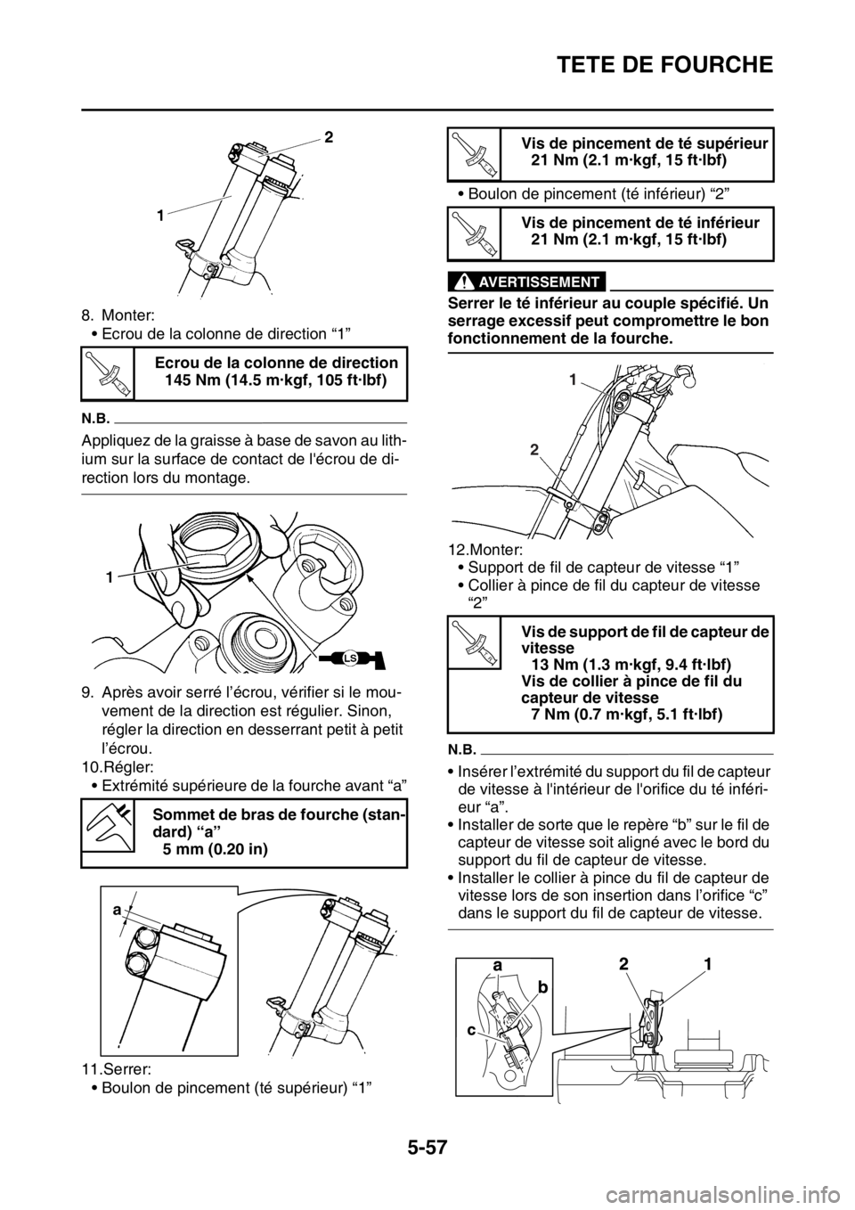 YAMAHA WR 250F 2017  Notices Demploi (in French) TETE DE FOURCHE
5-57
8. Monter:
• Ecrou de la colonne de direction “1”
N.B.
Appliquez de la graisse à base de savon au lith-
ium sur la surface de contact de lécrou de di-
rection lors du mon