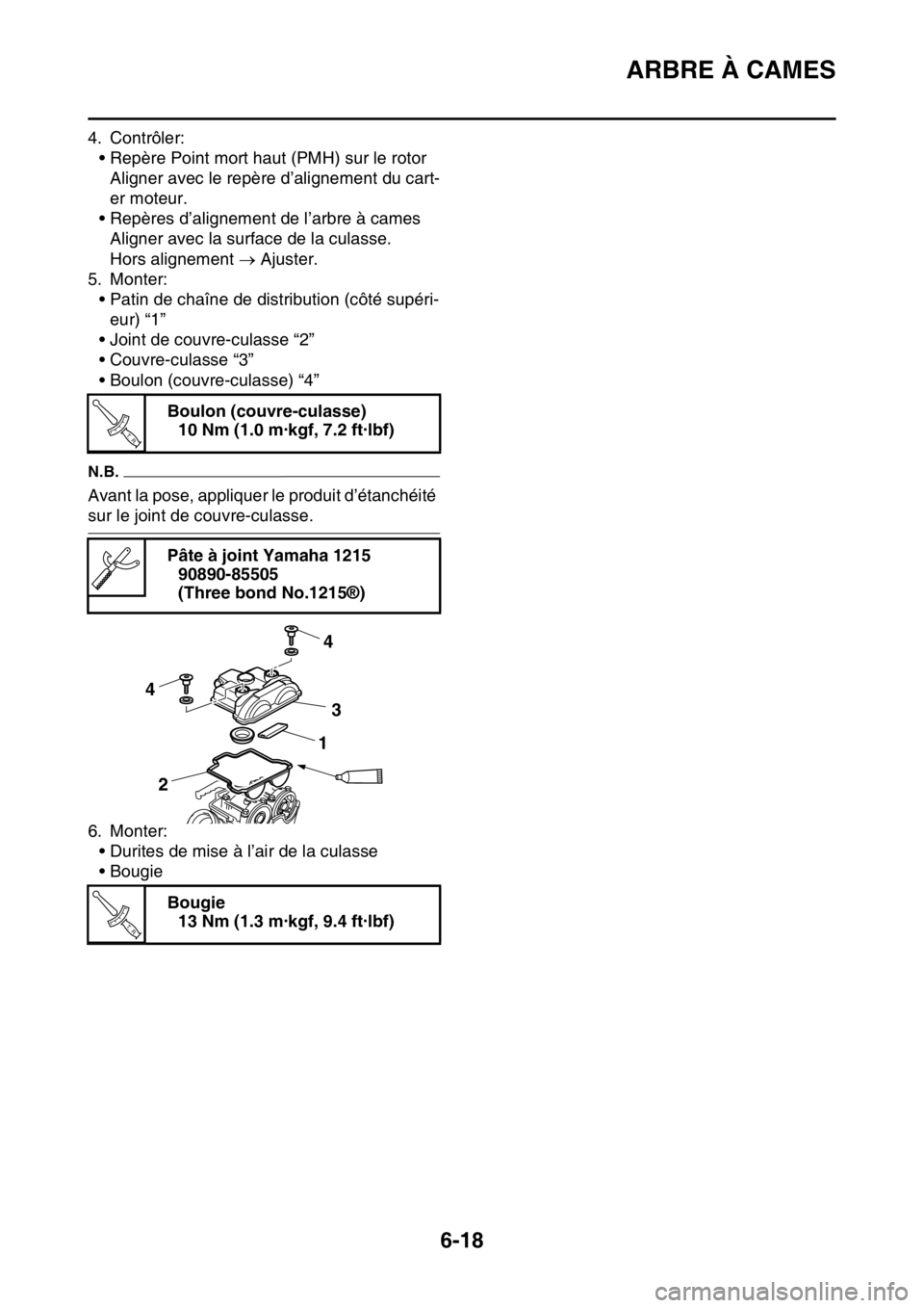YAMAHA WR 250F 2017  Notices Demploi (in French) ARBRE À CAMES
6-18
4. Contrôler:
• Repère Point mort haut (PMH) sur le rotor
Aligner avec le repère d’alignement du cart-
er moteur.
• Repères d’alignement de l’arbre à cames
Aligner a