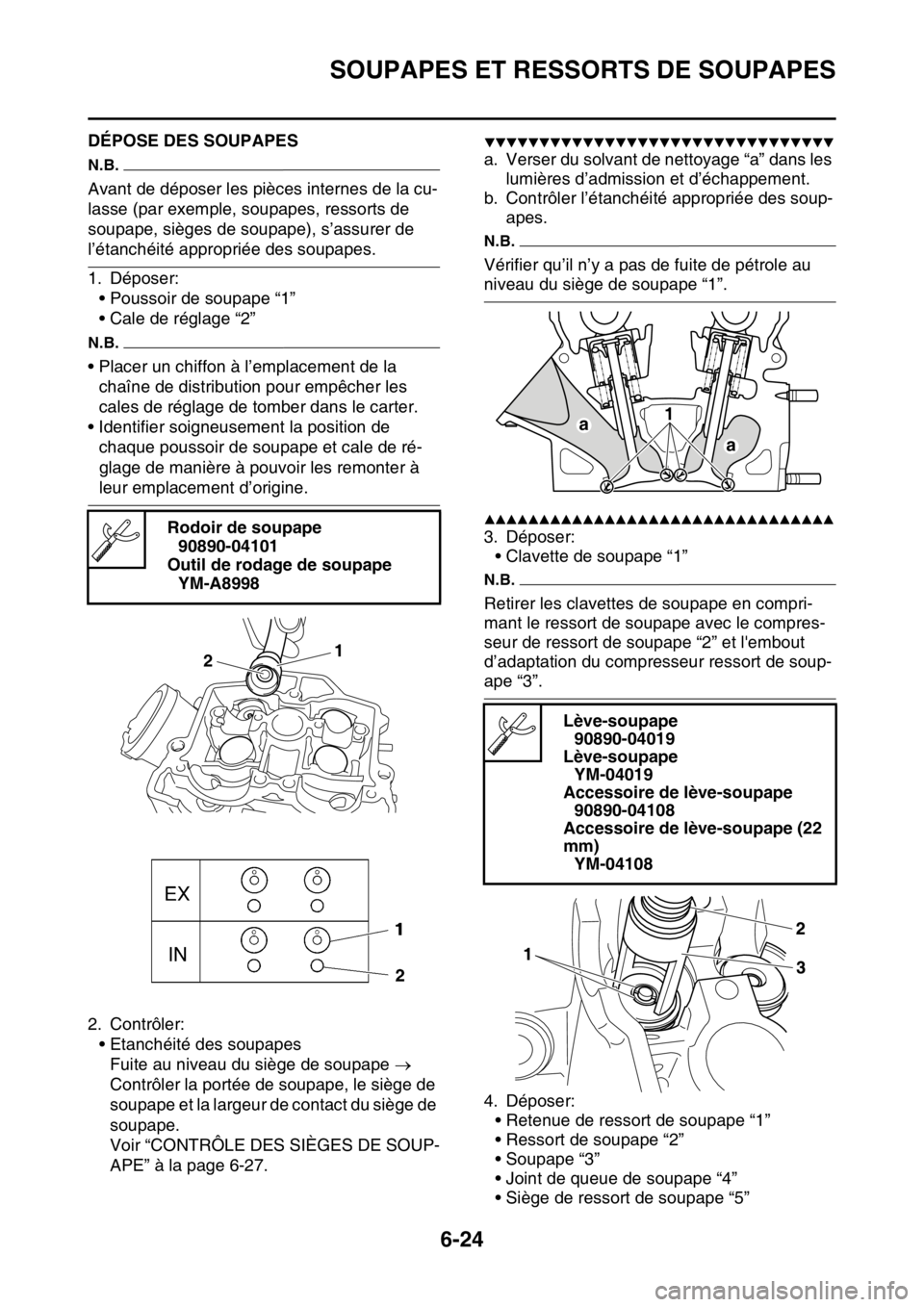 YAMAHA WR 250F 2017  Notices Demploi (in French) SOUPAPES ET RESSORTS DE SOUPAPES
6-24
FAS2GB2252DÉPOSE DES SOUPAPES
N.B.
Avant de déposer les pièces internes de la cu-
lasse (par exemple, soupapes, ressorts de 
soupape, sièges de soupape), s’