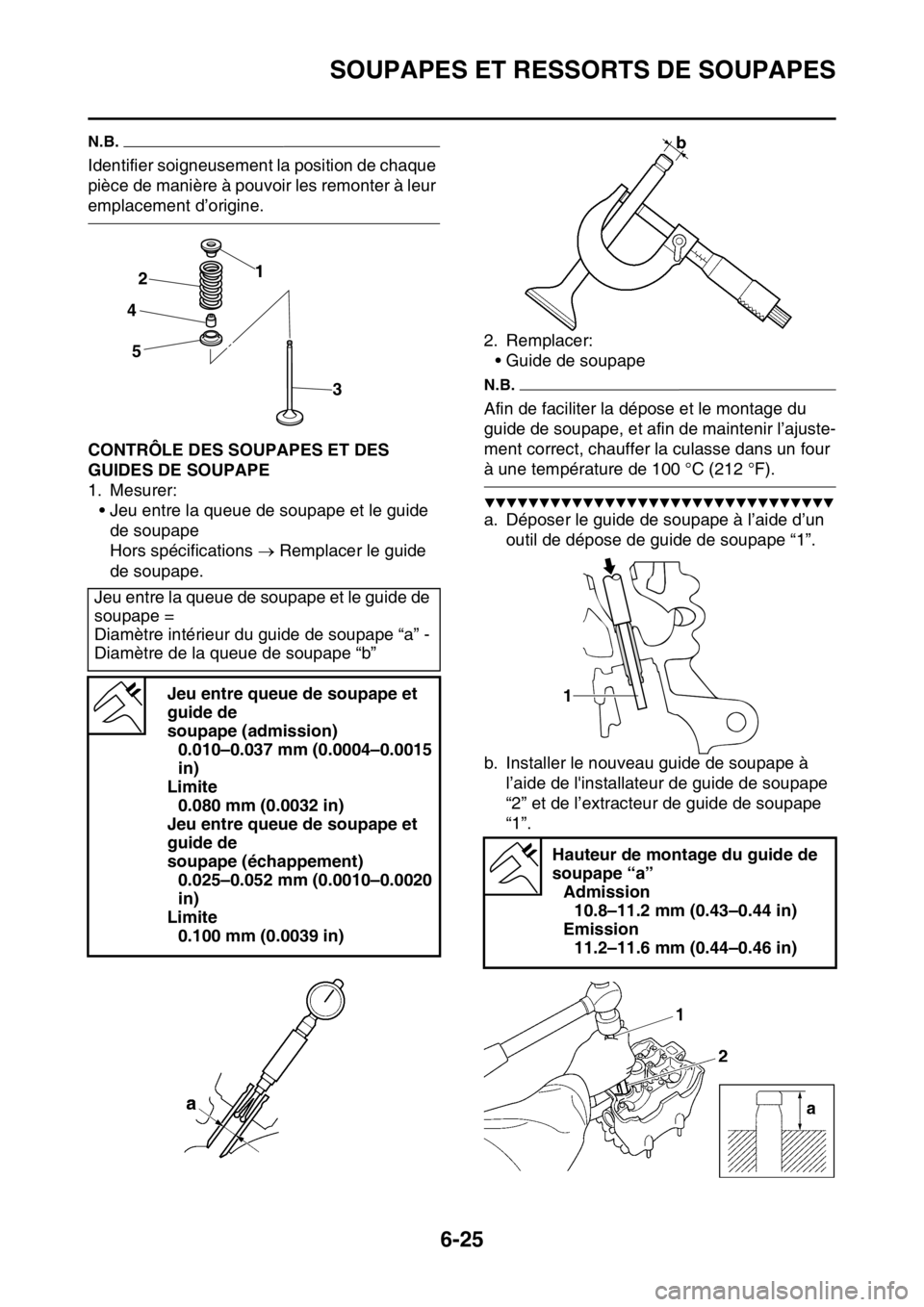 YAMAHA WR 250F 2017  Notices Demploi (in French) SOUPAPES ET RESSORTS DE SOUPAPES
6-25
N.B.
Identifier soigneusement la position de chaque 
pièce de manière à pouvoir les remonter à leur 
emplacement d’origine.
FAS2GB2253CONTRÔLE DES SOUPAPES