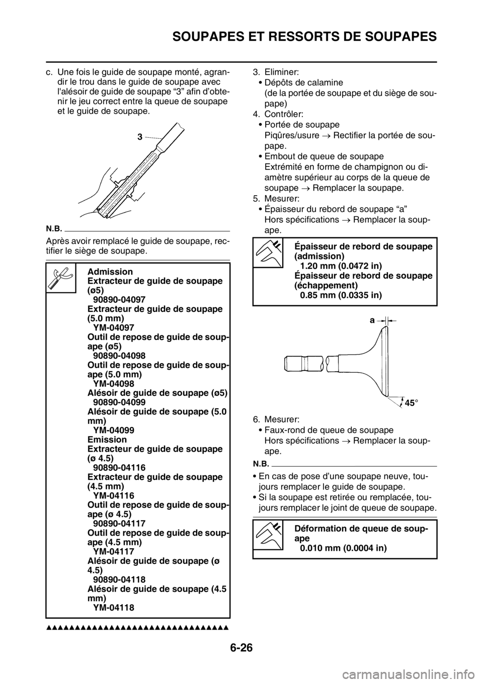 YAMAHA WR 250F 2017  Notices Demploi (in French) SOUPAPES ET RESSORTS DE SOUPAPES
6-26
c. Une fois le guide de soupape monté, agran-
dir le trou dans le guide de soupape avec 
lalésoir de guide de soupape “3” afin d’obte-
nir le jeu correct