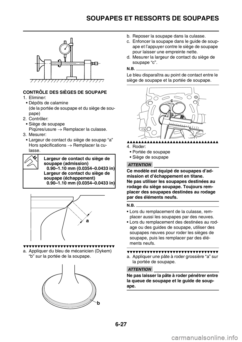 YAMAHA WR 250F 2017  Notices Demploi (in French) SOUPAPES ET RESSORTS DE SOUPAPES
6-27
FAS2GB2254CONTRÔLE DES SIÈGES DE SOUPAPE
1. Eliminer:
• Dépôts de calamine
(de la portée de soupape et du siège de sou-
pape)
2. Contrôler:
• Siège de